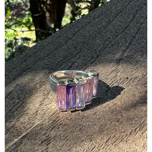 Stunning Sterling Silver 925 Ring With Pink & Purple Gradient Baguette Stones .5 - Picture 3 of 11